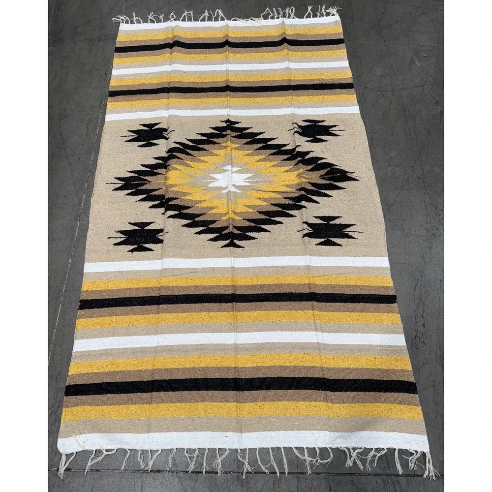 AUTHENTIC Mexican DIAMANTE Blanket Throw Yoga Mat Multi Tan Yellow‎